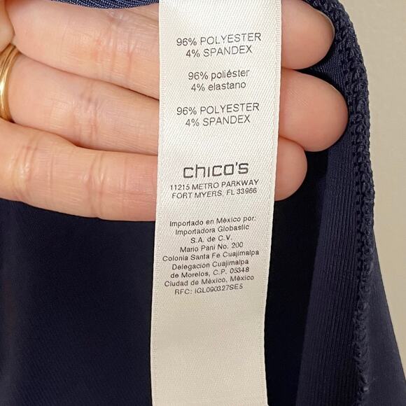 Easywear Chico's Women's Open Front Jacket L Navy Blue Zipper Pockets Shawl Neck - Picture 8 of 10